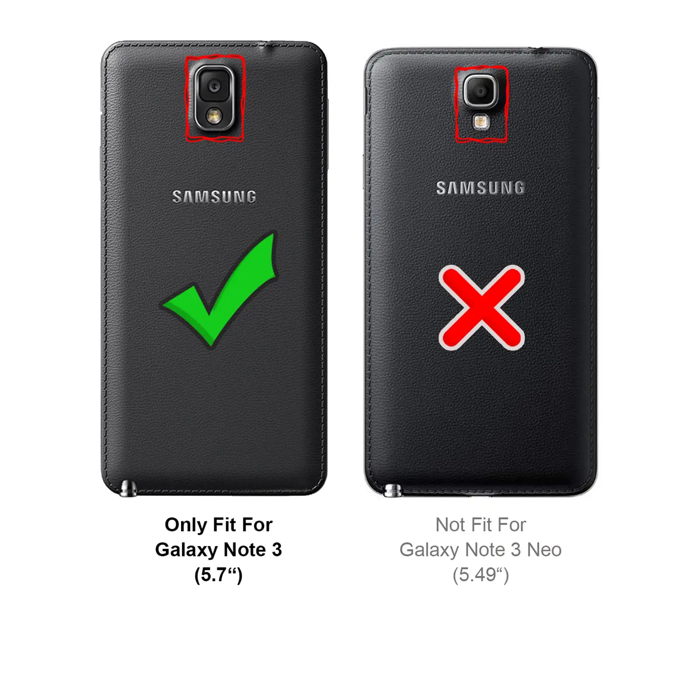 Rückseite von zwei schwarzen Samsung Galaxy Note 3 Handys, Lederoptik, mit Kameraausschnitten und Haken/Kreuz.