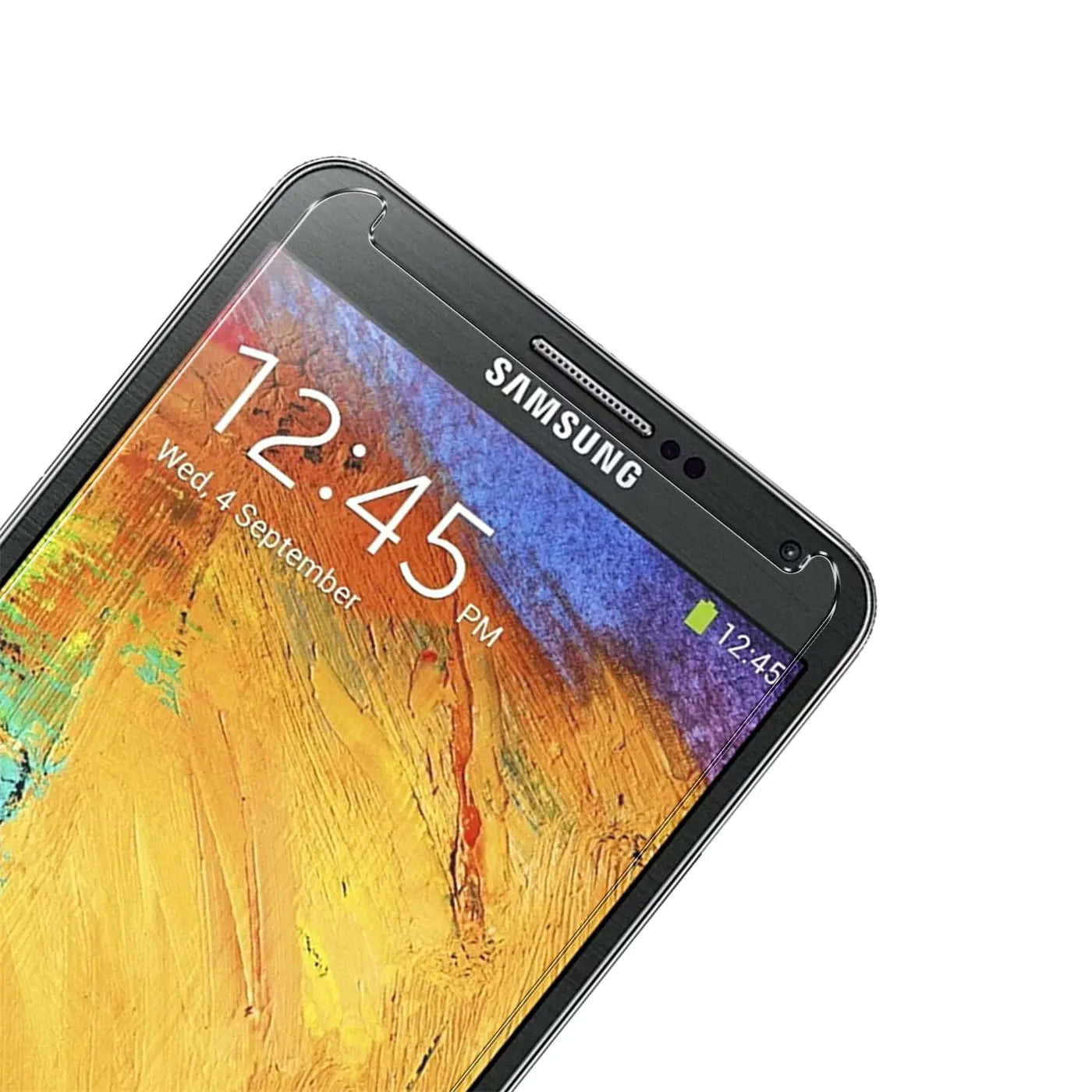 Schwarzes Samsung Galaxy Note 3 mit transparentem Panzerglas-Displayschutz, schräg von oben rechts fotografiert.