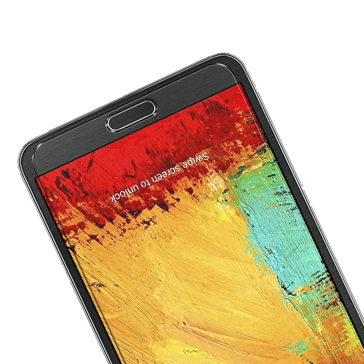 Nahaufnahme eines Samsung Galaxy Note 3 mit aufgebrachtem, transparentem Panzerglas-Displayschutz, schräg von oben.