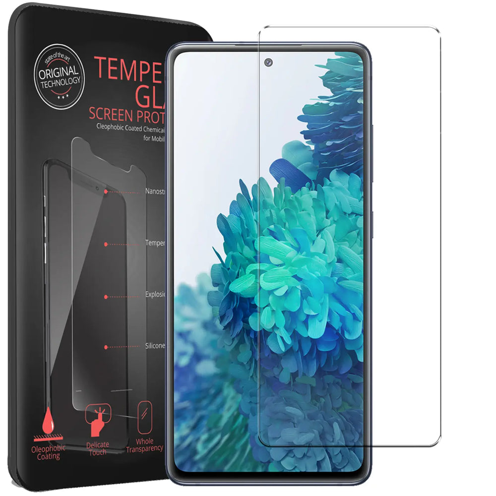 Schwarze Verpackung mit "TEMPERED GLASS SCREEN PROTECTOR" Text, daneben ein Samsung Galaxy S20 FE mit Panzerglas.