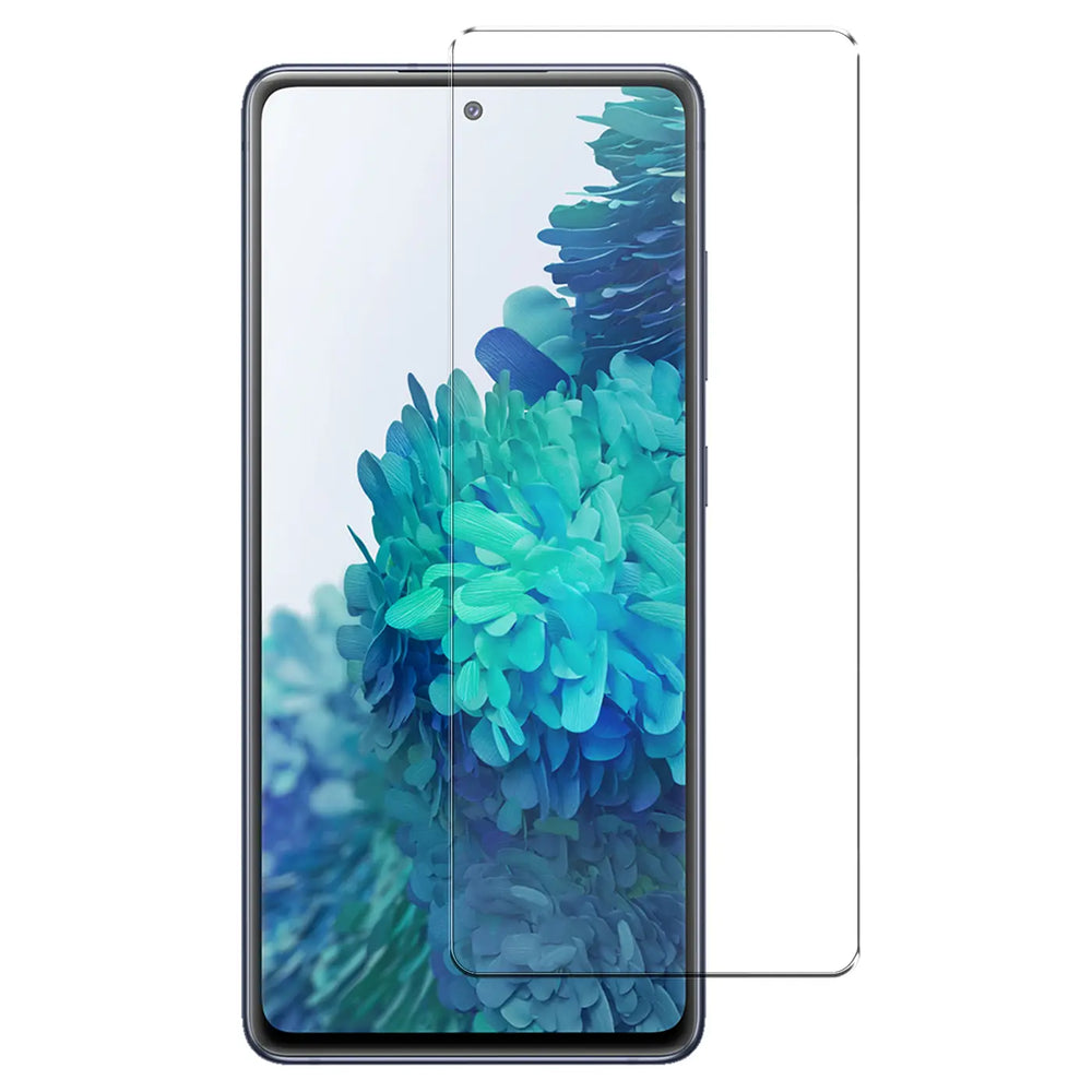 Samsung Galaxy S20 FE, schräg von oben rechts, mit transparentem Panzerglas-Displayschutz aus Glas.