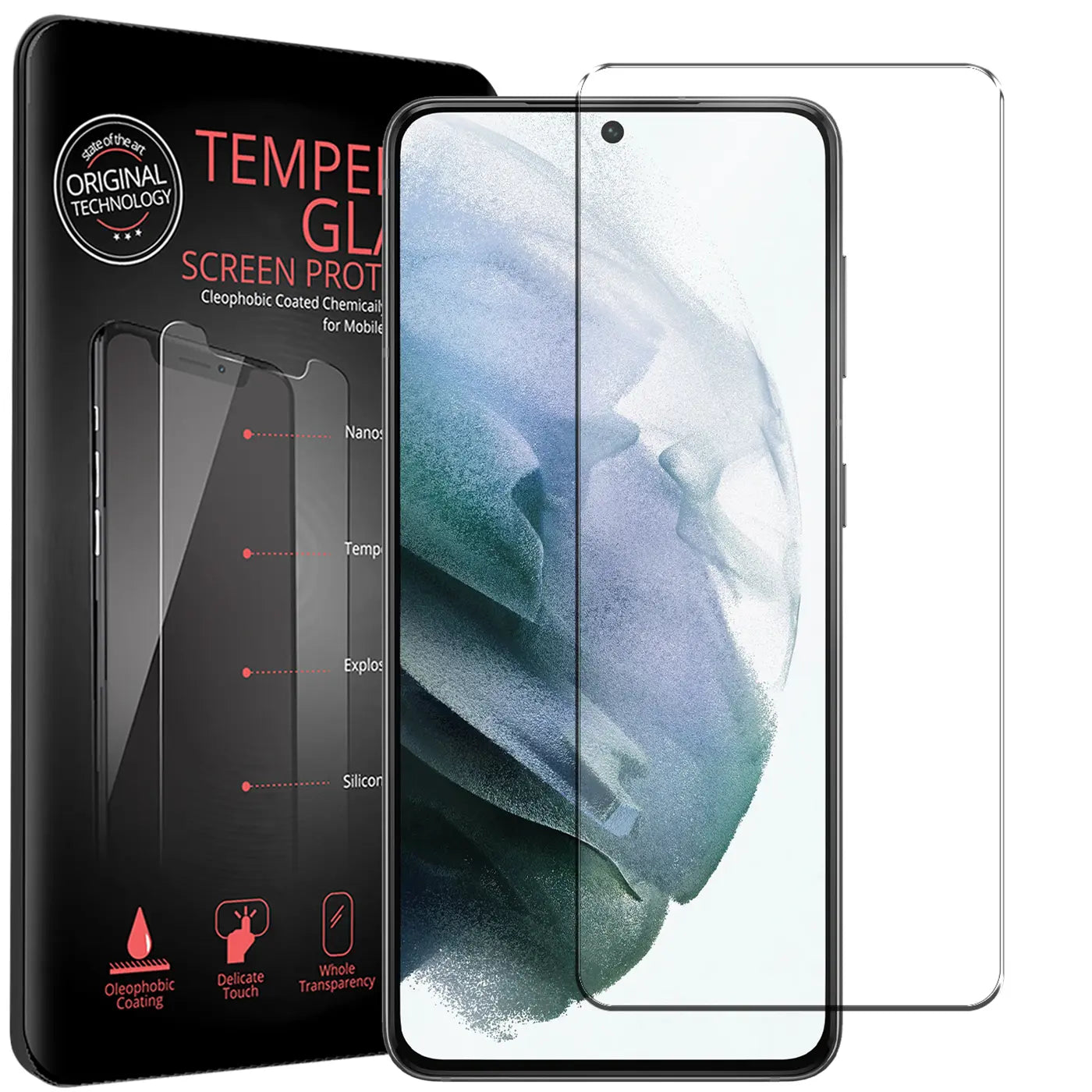 Schwarze Verpackung mit Panzerglas-Info, daneben ein Samsung Galaxy S21 mit angebrachtem und einem separaten, klaren.