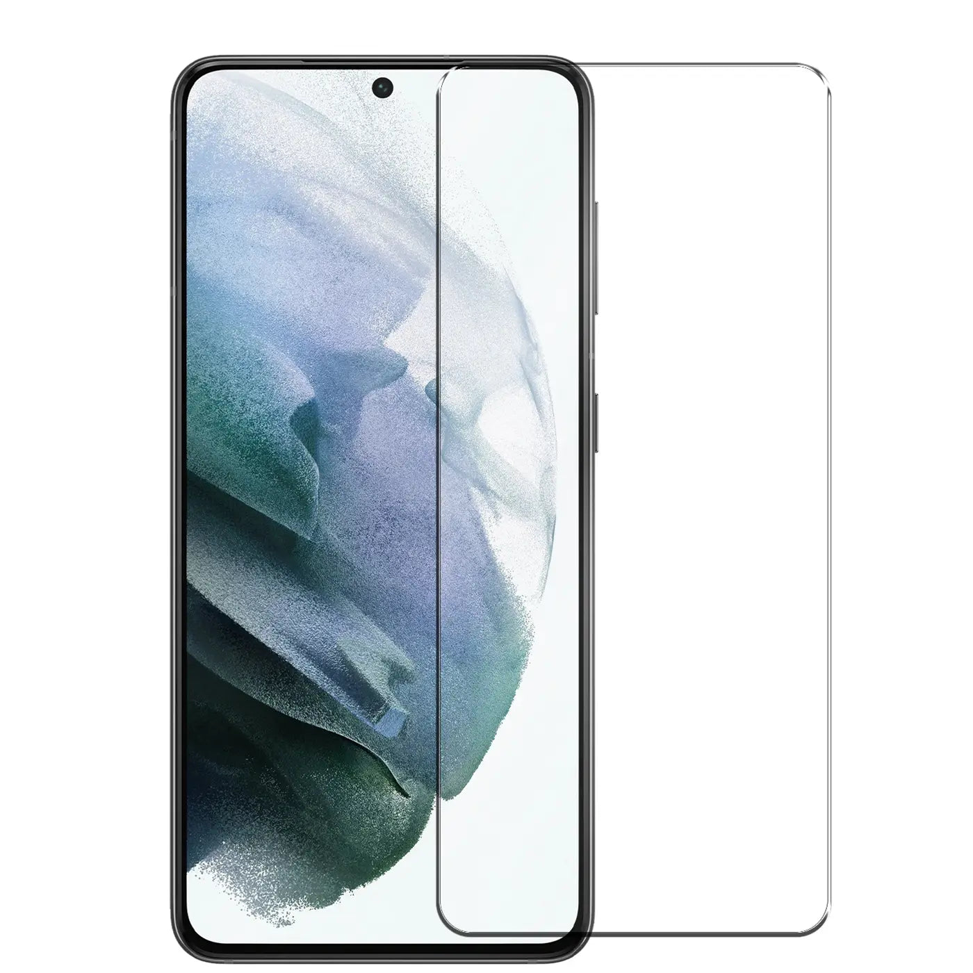 Samsung Galaxy S21 Handy mit transparentem Panzerglas-Displayschutz von vorne, daneben ein zweiter Displayschutz.