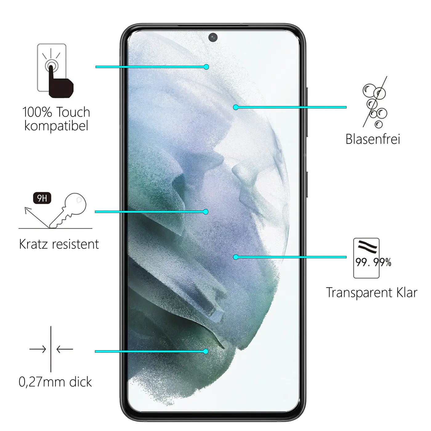 Schwarzes Samsung Galaxy S21 von vorne mit transparentem Panzerglas Displayschutz. Eigenschaften werden mit Symbolen gezeigt.