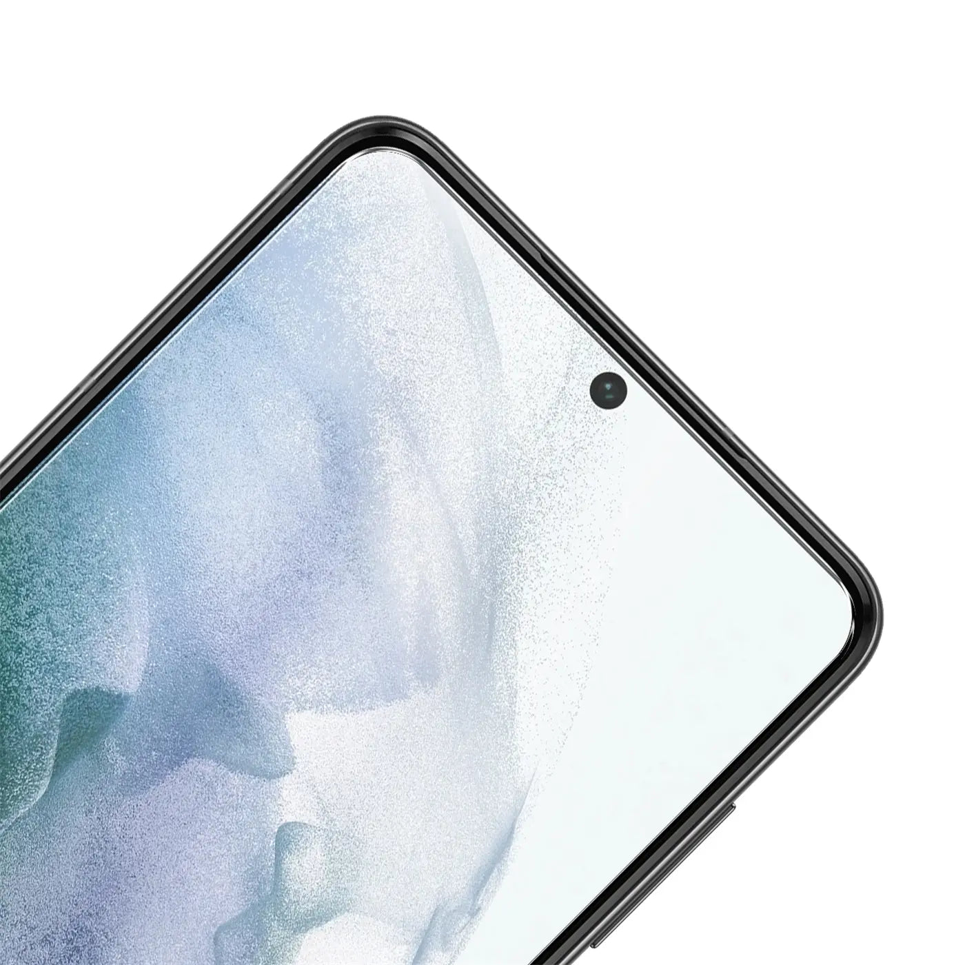Nahaufnahme des oberen rechten Bereichs eines schwarzen Samsung Galaxy S21 mit klarem Panzerglas-Displayschutz.