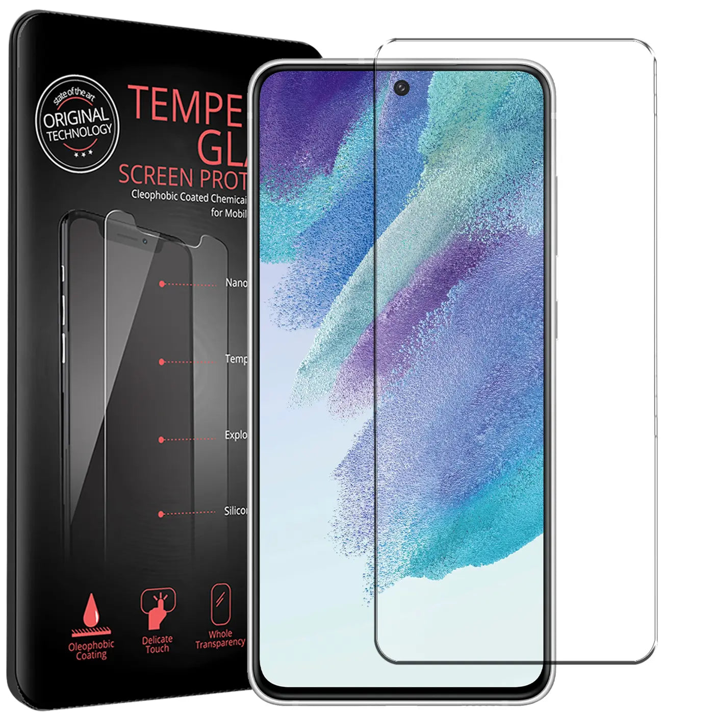 Schwarze Verpackung mit "TEMPERED GLASS" Schriftzug, daneben ein Samsung Galaxy S21 FE mit transparentem Panzerglas.