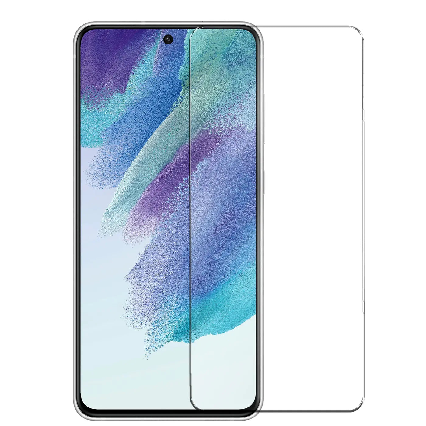 Samsung Galaxy S21 FE mit transparentem Panzerglas-Displayschutz von vorne, leicht schräg von oben.