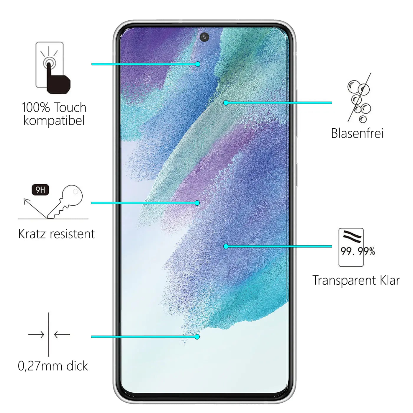 Vorderansicht eines schwarzen Samsung Galaxy S21 FE mit transparentem Panzerglas, umgeben von Icons und Texten zu dessen.