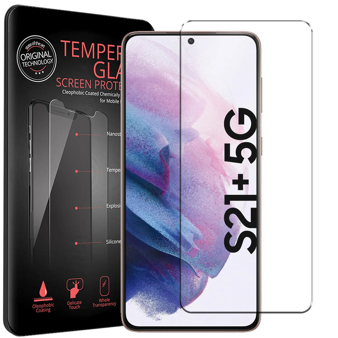 Schwarze Verpackung mit "TEMPERED GLASS" Text, daneben ein Samsung Galaxy S21 Plus mit Panzerglas und ein weiteres Glas.