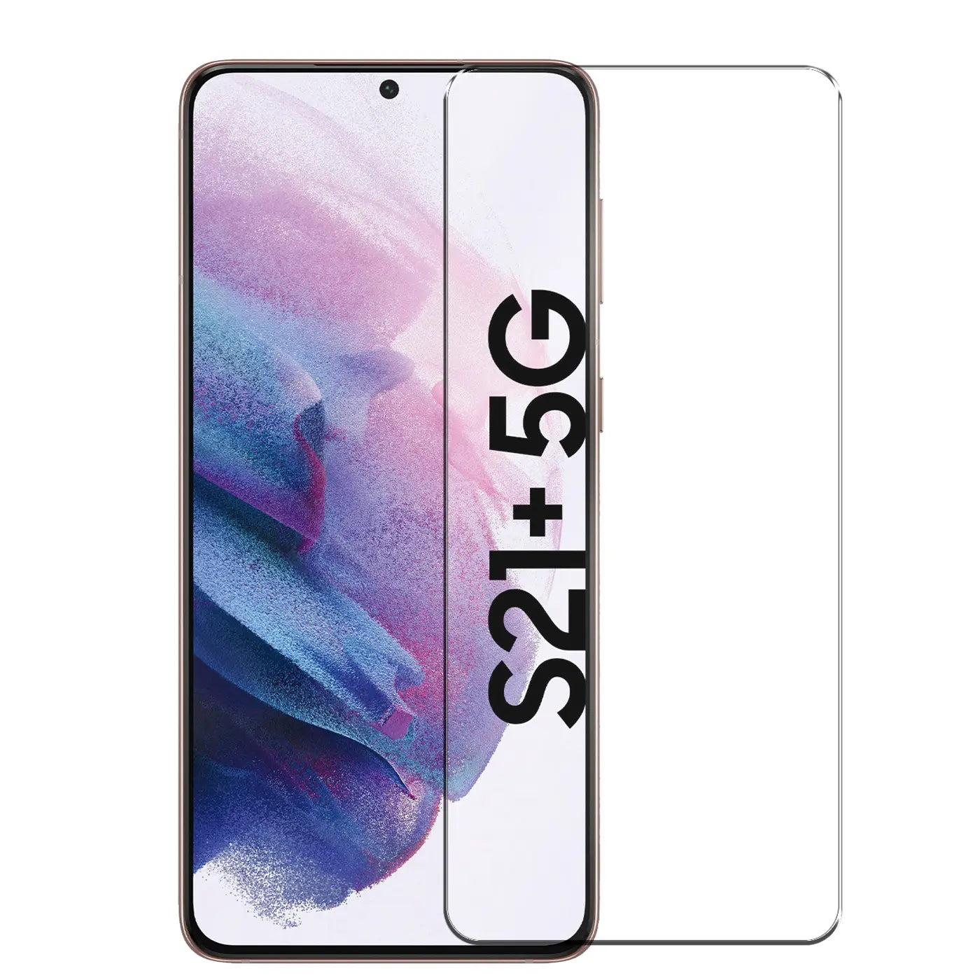 Samsung Galaxy S21 Plus Handy mit transparentem Panzerglas-Displayschutz von vorne, leicht schräg.