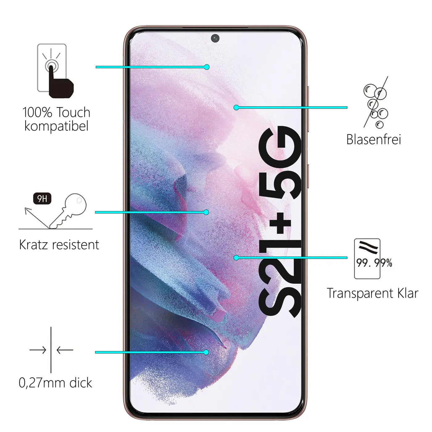 Samsung Galaxy S21 Plus Handy mit transparentem Panzerglas-Displayschutz, frontal, mit Eigenschaften wie "Kratz resistent".