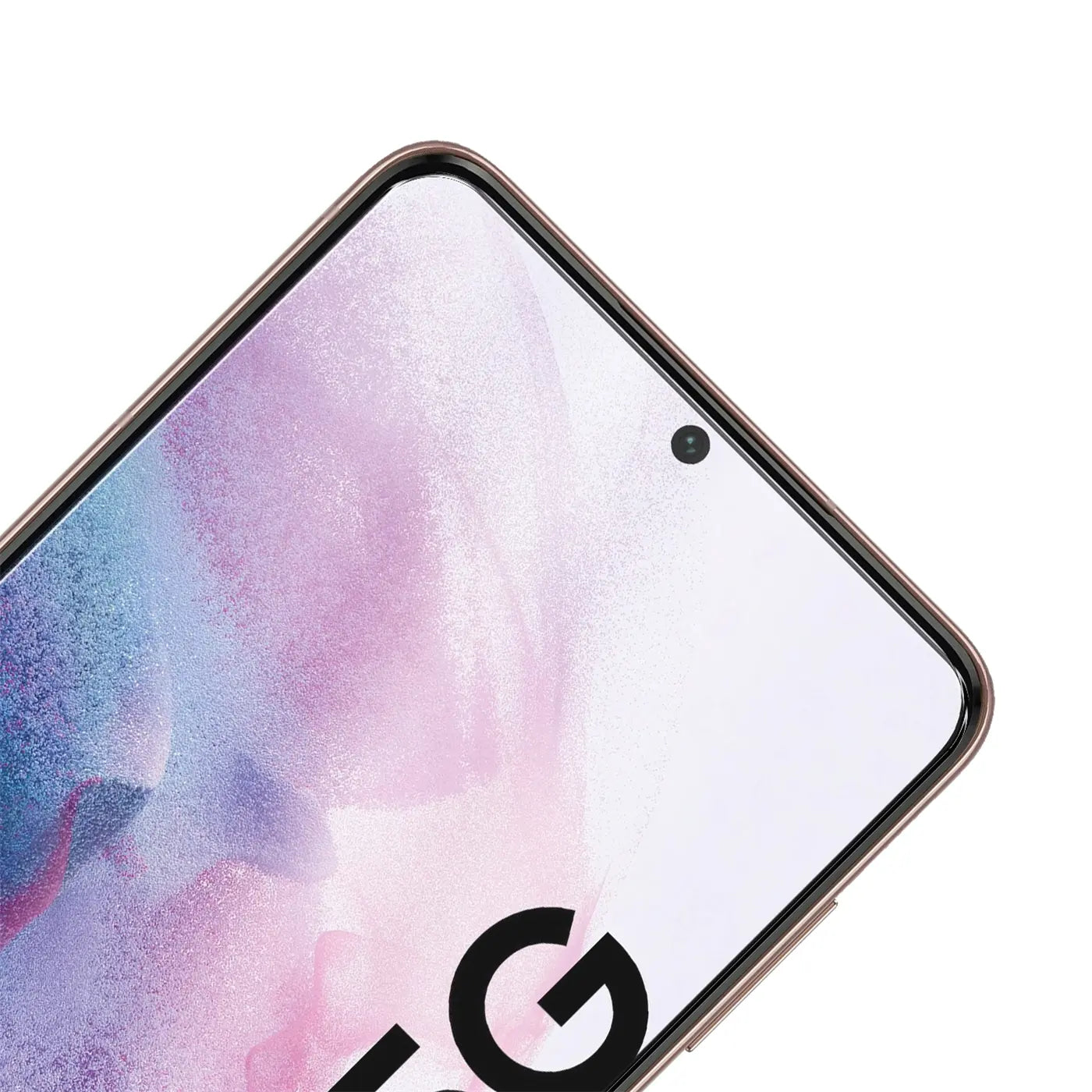 Nahaufnahme des oberen Bereichs eines Samsung Galaxy S21 Plus mit Panzerglas-Displayschutz, schräg von oben.