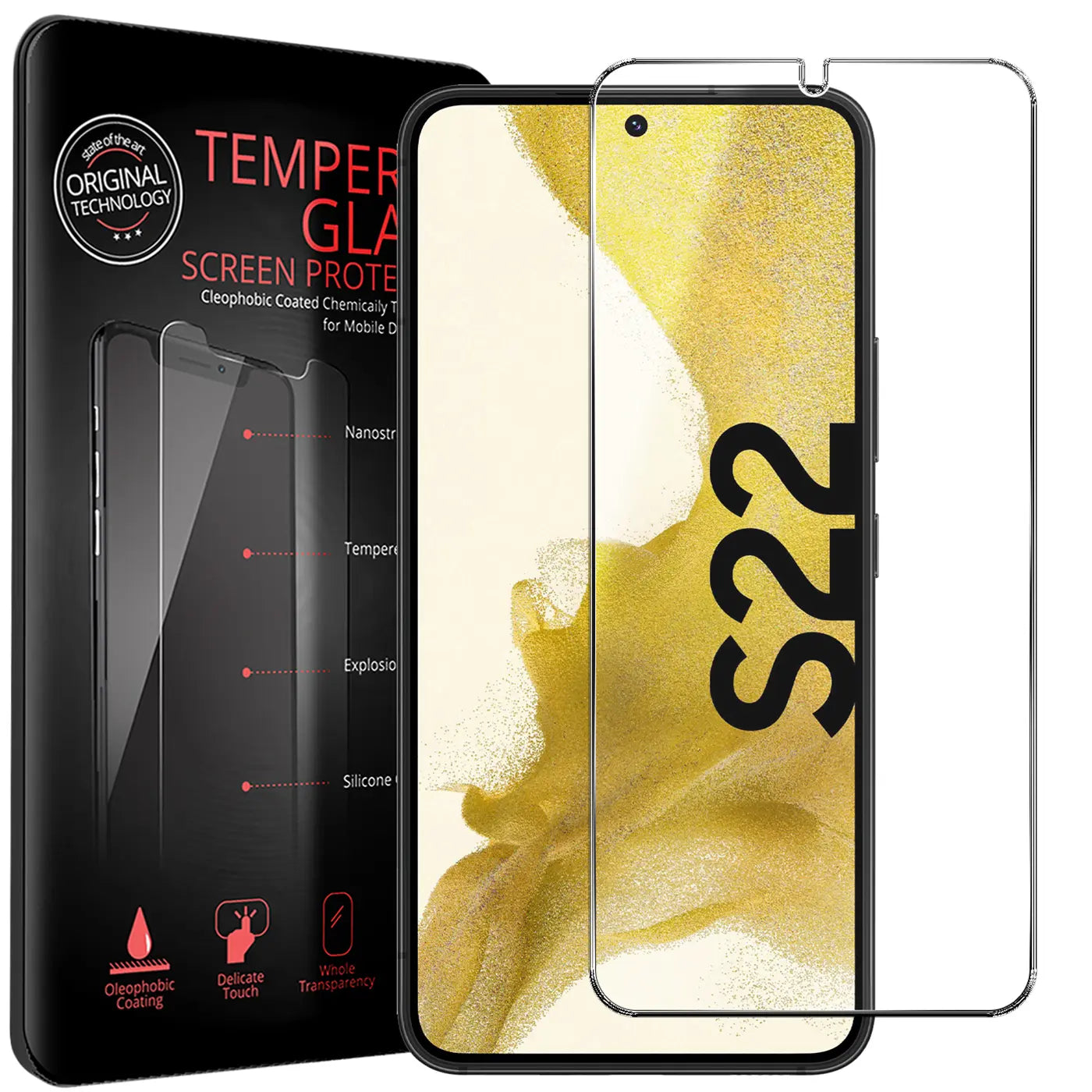 Schwarze Verpackung für Panzerglas-Displayschutzfolie neben einem Samsung Galaxy S22 mit aufgelegtem, transparentem.
