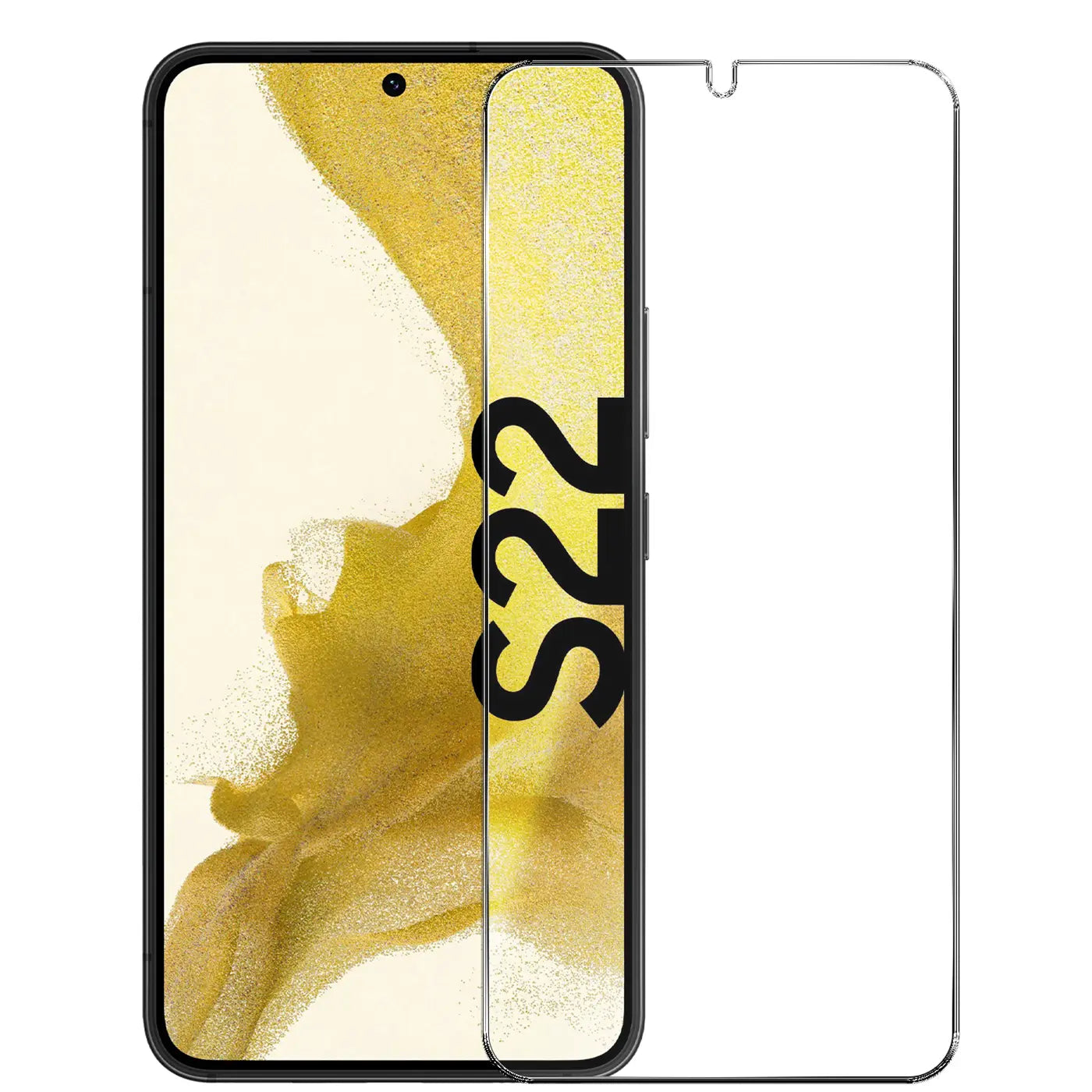 Zwei transparente Panzerglas-Displayschutzfolien für das Samsung Galaxy S22, eine davon auf dem Display.