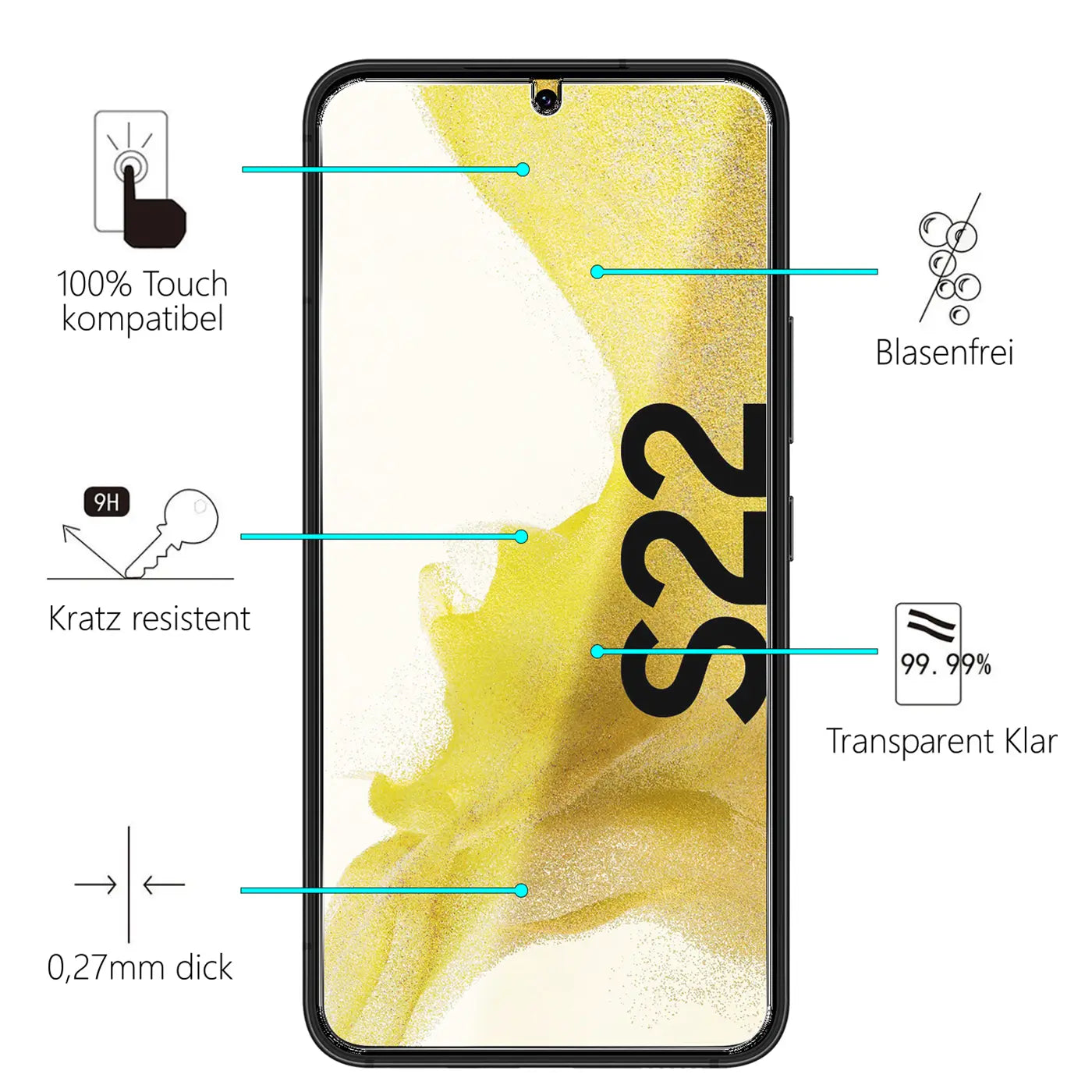 Schwarzes Samsung Galaxy S22 von vorne mit Panzerglas. Eigenschaften wie kratzresistent, blasenfrei und 0,27mm dick.