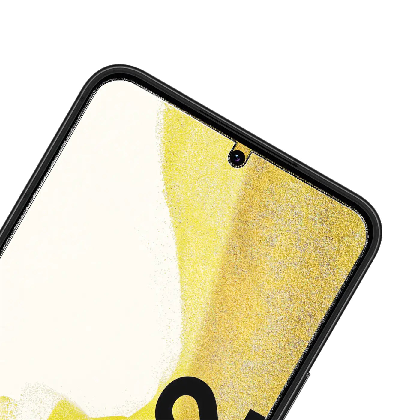 Nahaufnahme des oberen Bereichs eines Samsung Galaxy S22 mit schwarzem Rahmen und Panzerglas-Displayschutz.