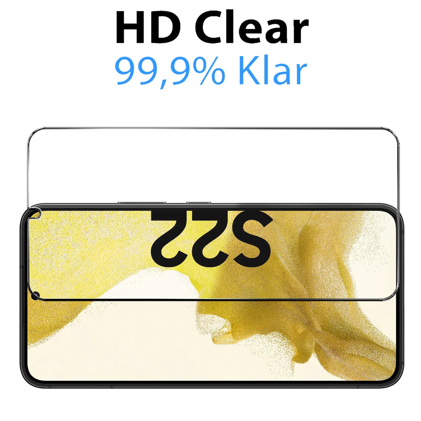 Zwei klare Panzerglas-Displayschutzfolien für das Samsung Galaxy S22, eine über dem Gerät schwebend.