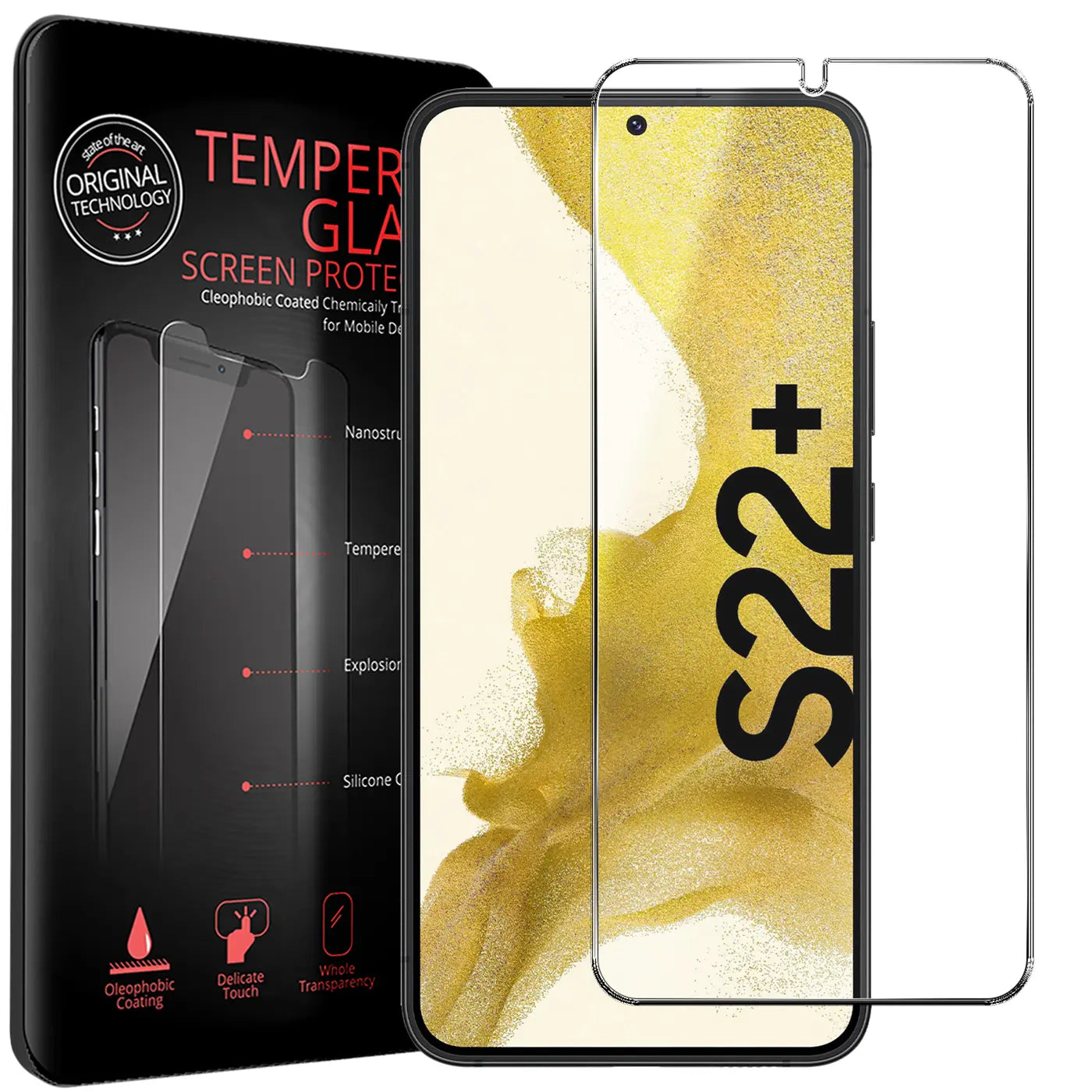 Schwarze Verpackung für Panzerglas, daneben ein Samsung Galaxy S22 Plus mit zwei transparenten Panzergläsern.