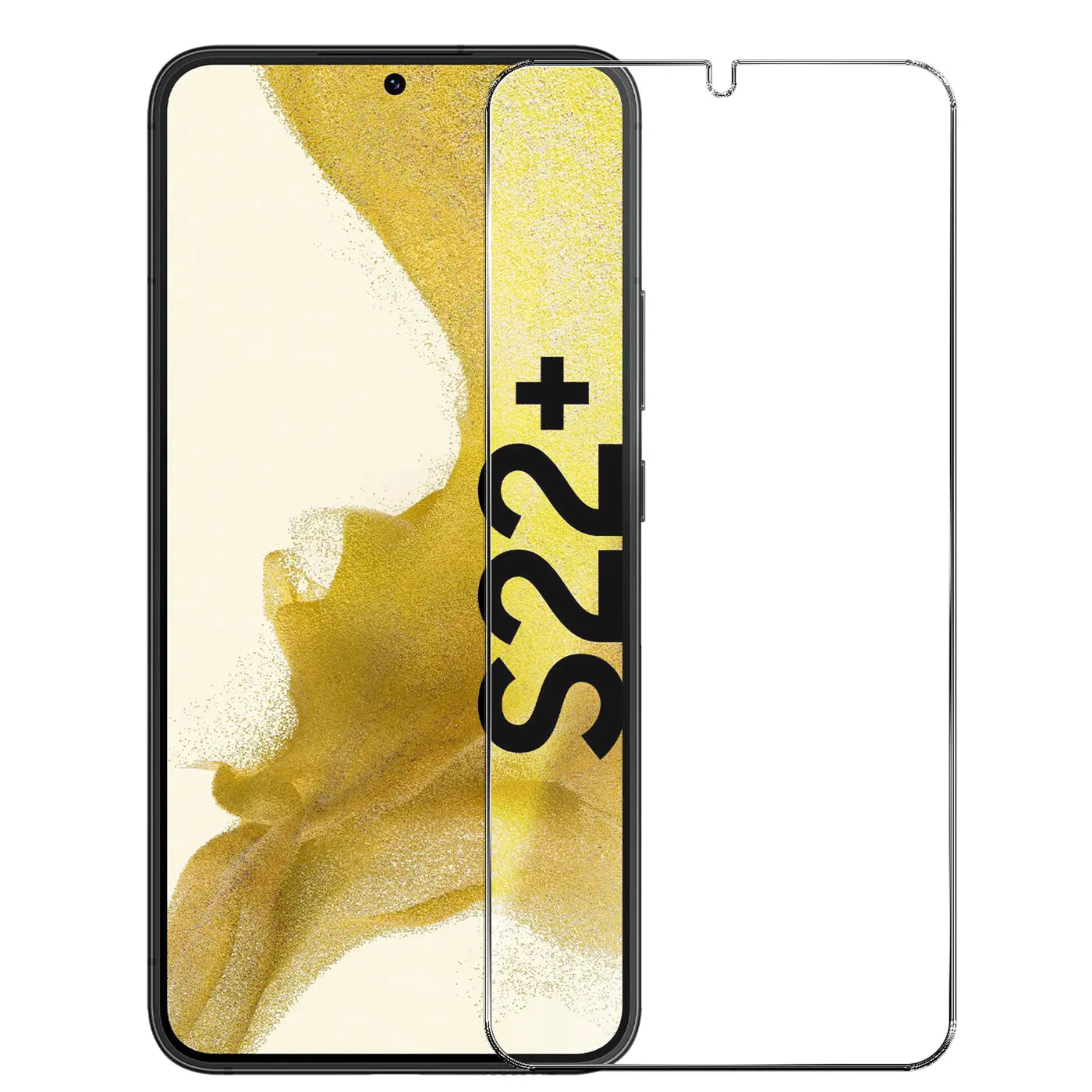 Schwarzes Samsung Galaxy S22 Plus Handy mit goldenem Display-Hintergrund und zwei klaren Panzerglas-Displayschutzfolien.