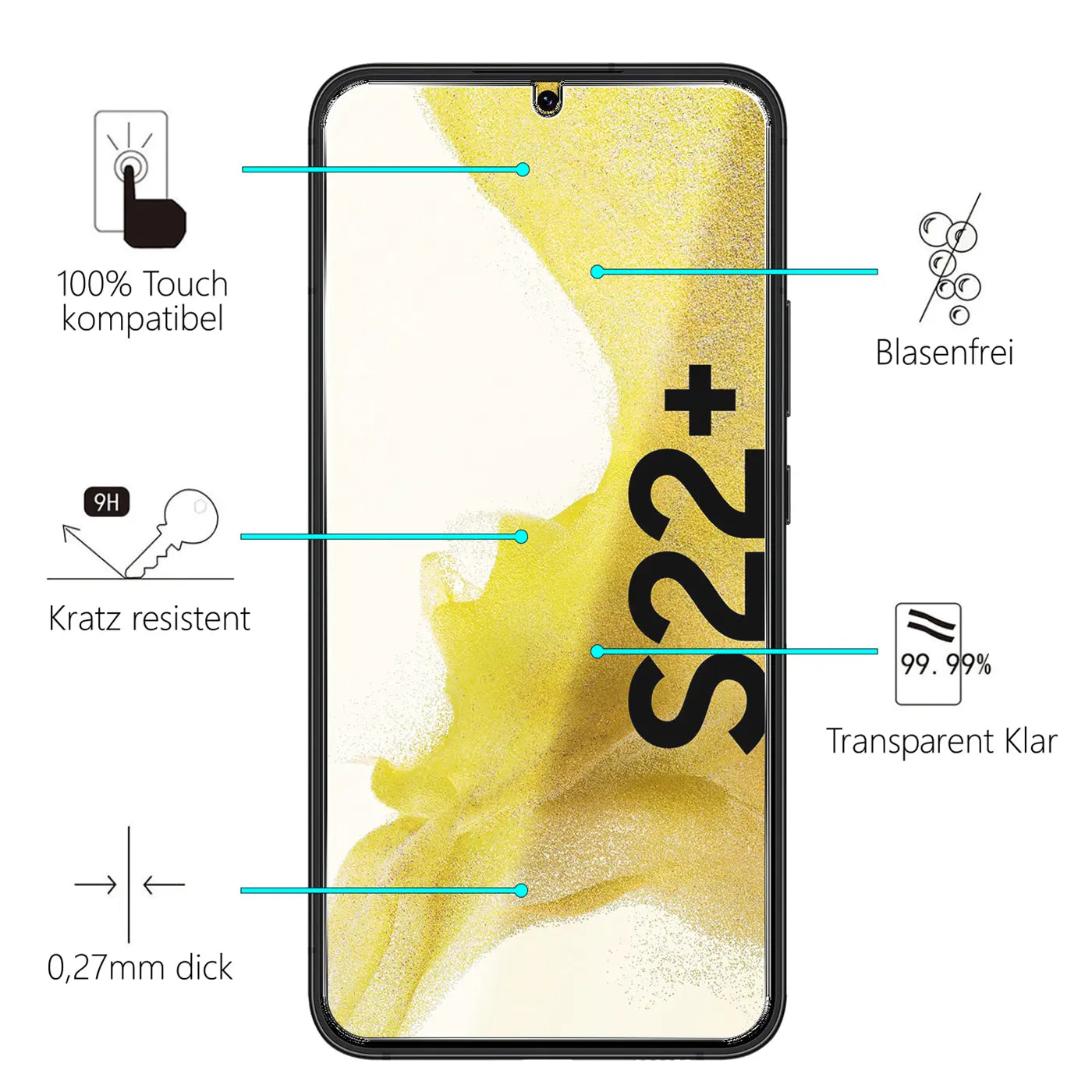 Schwarzes Samsung Galaxy S22 Plus von vorne mit Panzerglas-Displayschutz. Merkmale: 100% Touch, kratzresistent, 0,27mm dick.