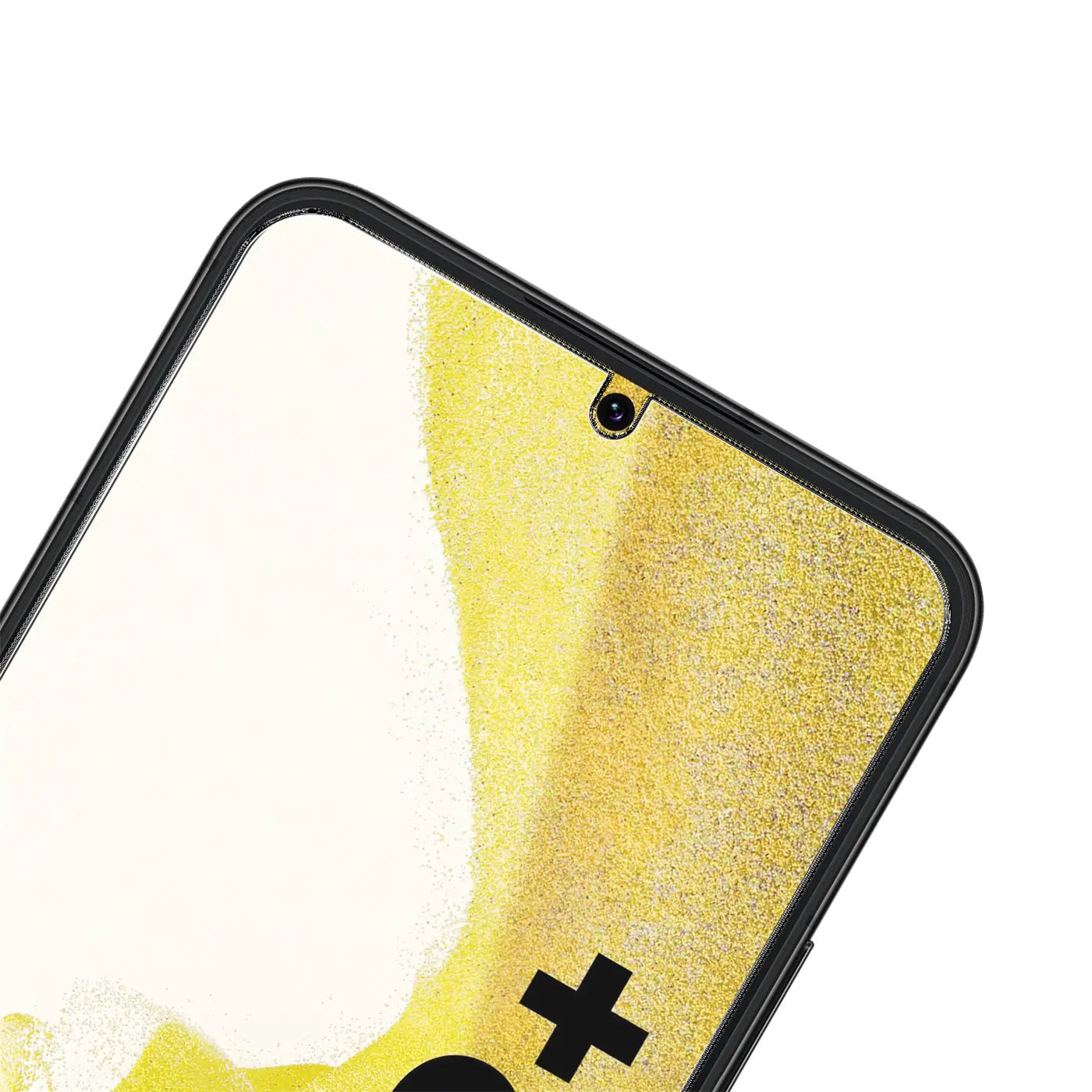Nahaufnahme eines Samsung Galaxy S22 Plus mit schwarzem Rahmen und Panzerglas-Displayschutz, schräg von oben.