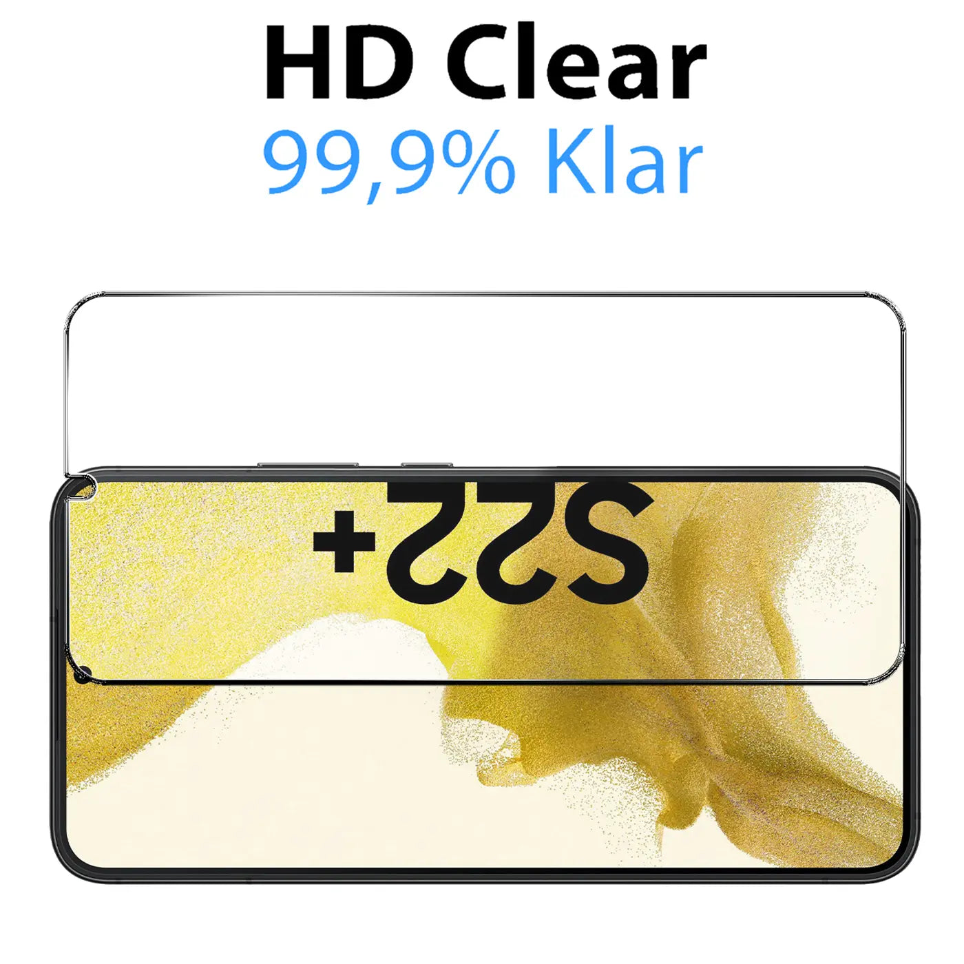 Zwei klare Panzerglas-Displayschutzfolien für Samsung Galaxy S22 Plus, eine davon auf dem Gerät.