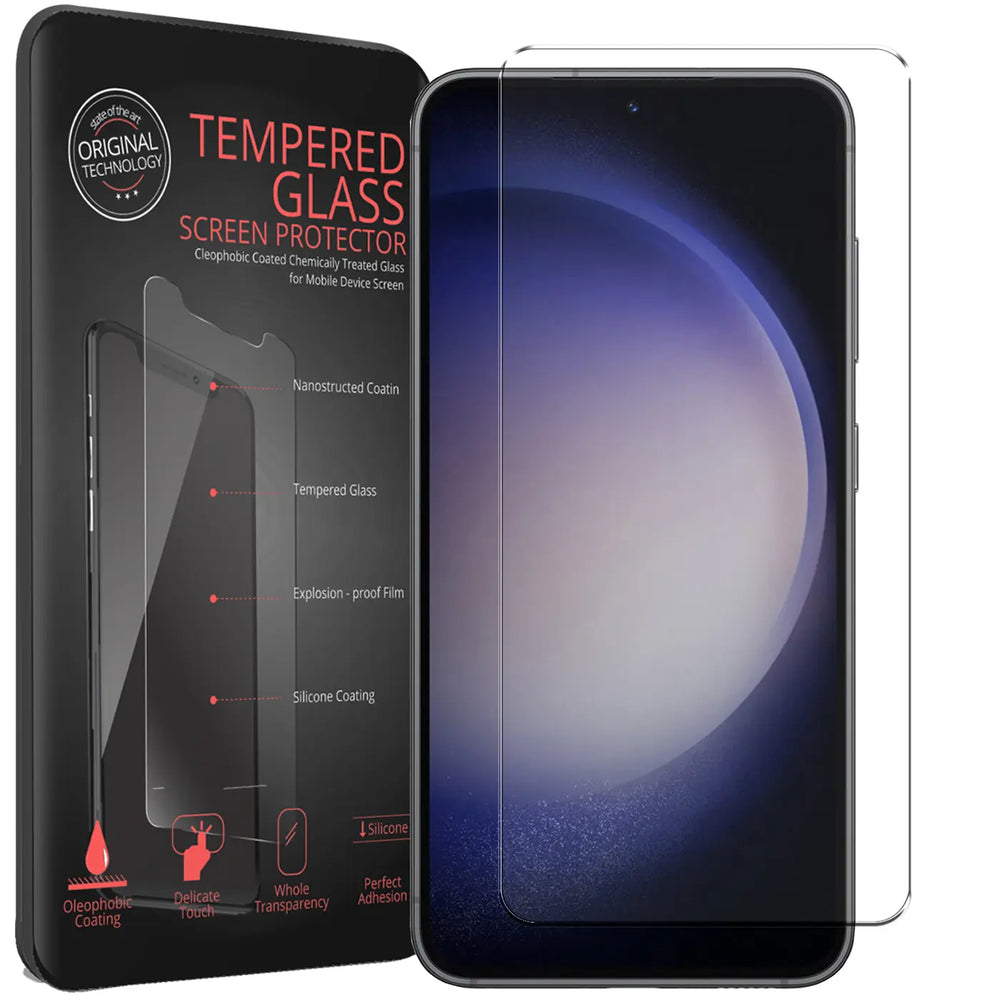 Schwarze Verpackung für Panzerglas-Displayschutz neben einem Samsung Galaxy S23 mit aufgelegtem, transparentem Panzerglas.