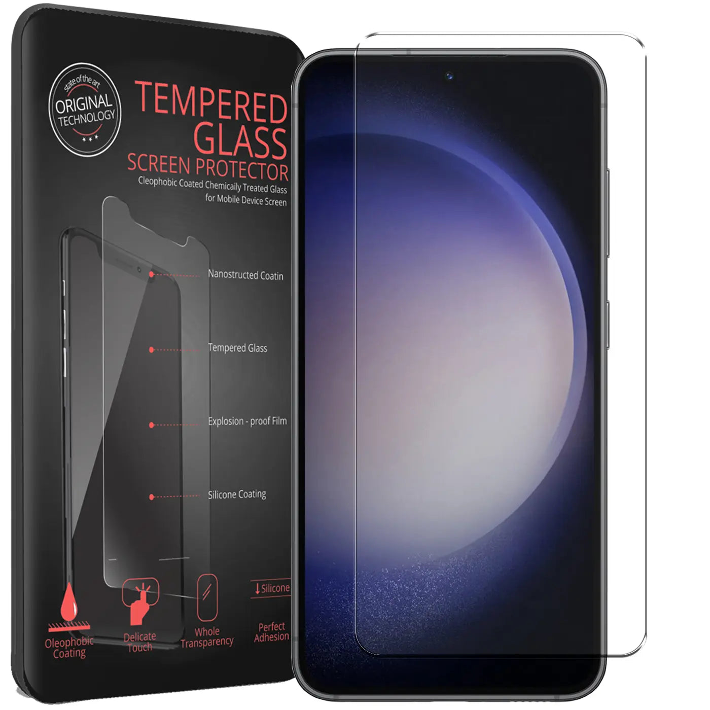 Schwarze Verpackung für Panzerglas-Displayschutz neben einem Samsung Galaxy S23 mit aufgelegtem, transparentem Panzerglas.