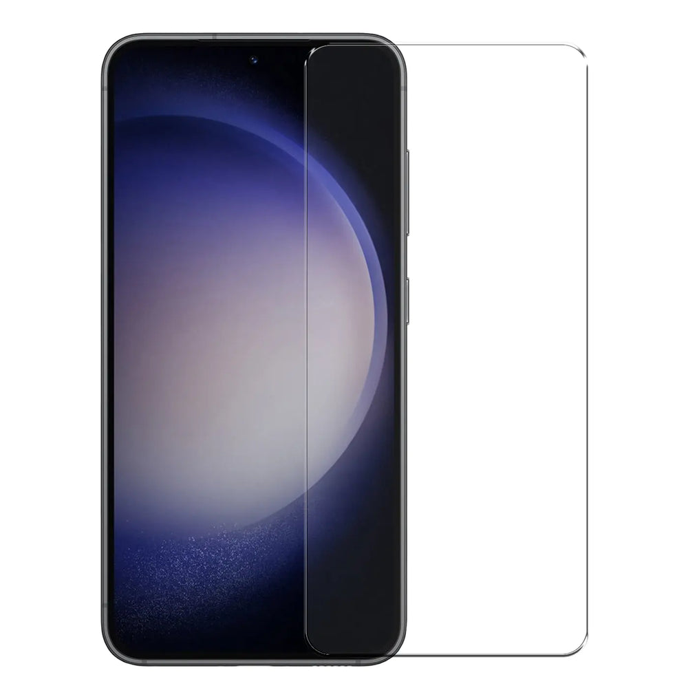 Samsung Galaxy S23 mit schwarzem Rahmen, halb mit transparentem Panzerglas bedeckt, daneben ein weiteres Panzerglas.