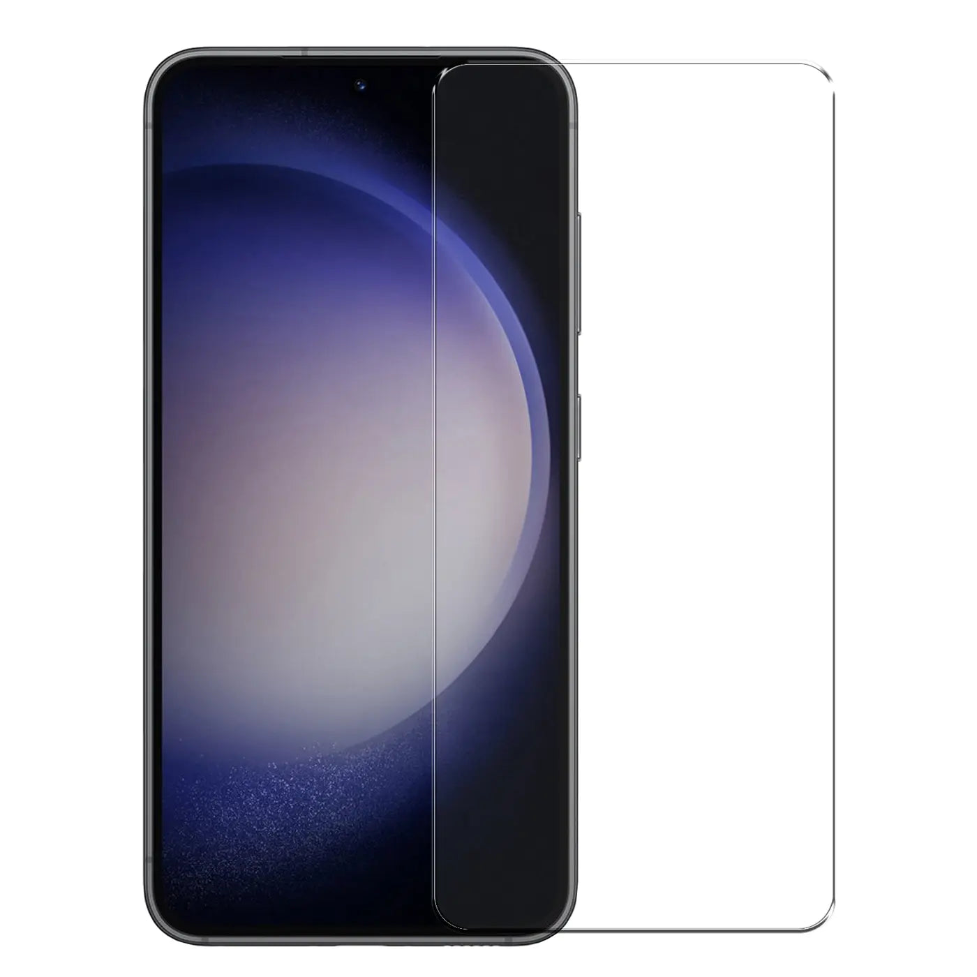 Samsung Galaxy S23 mit schwarzem Rahmen, halb mit transparentem Panzerglas bedeckt, daneben ein weiteres Panzerglas.