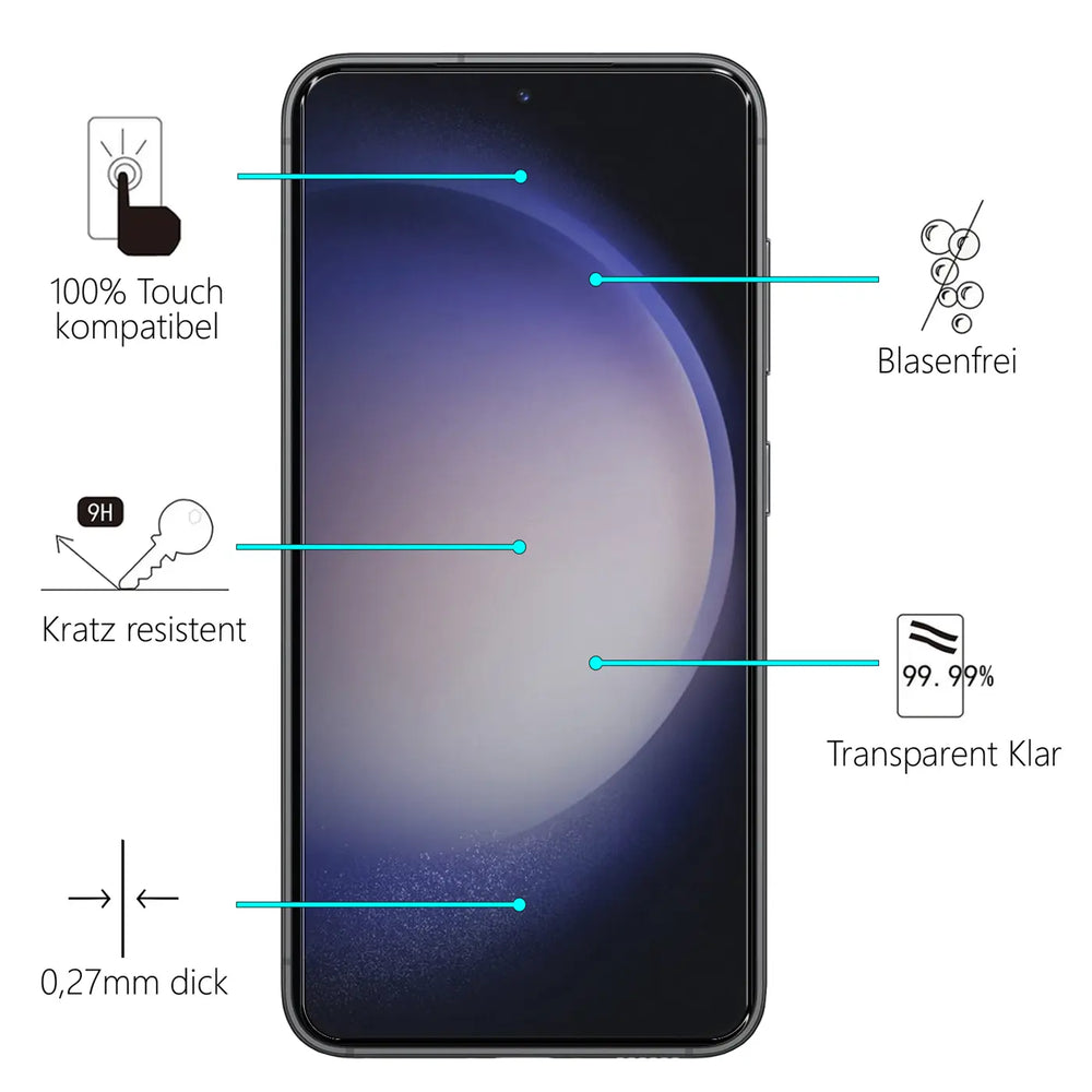 Schwarzes Samsung Galaxy S23 Smartphone, frontal, mit Panzerglas-Displayschutz und Eigenschaften wie 9H Kratzfestigkeit.