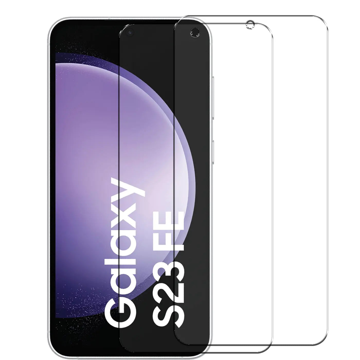 Zwei transparente Panzerglas-Displayschutzfolien für das Samsung Galaxy S23 FE, schräg von vorne auf weißem Grund.