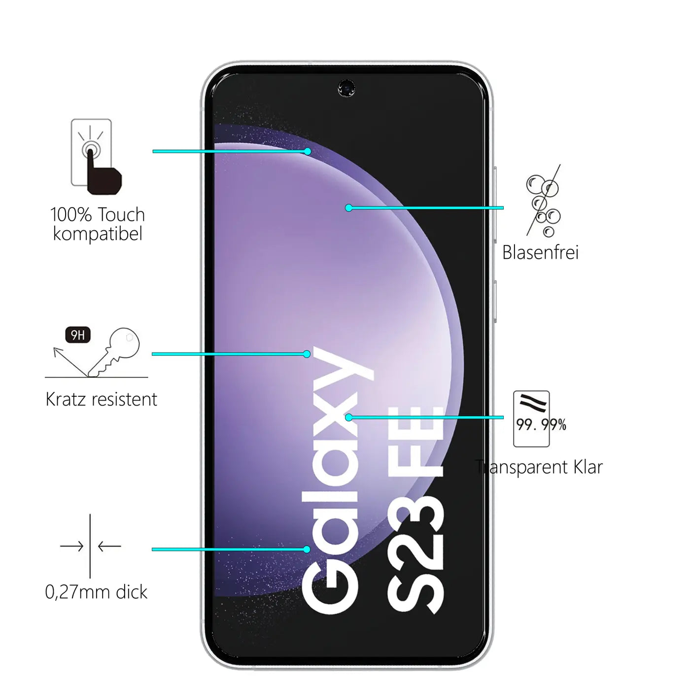 Silbernes Samsung Galaxy S23 FE von vorne mit lila Display, umgeben von Produktmerkmalen wie "Kratz resistent".