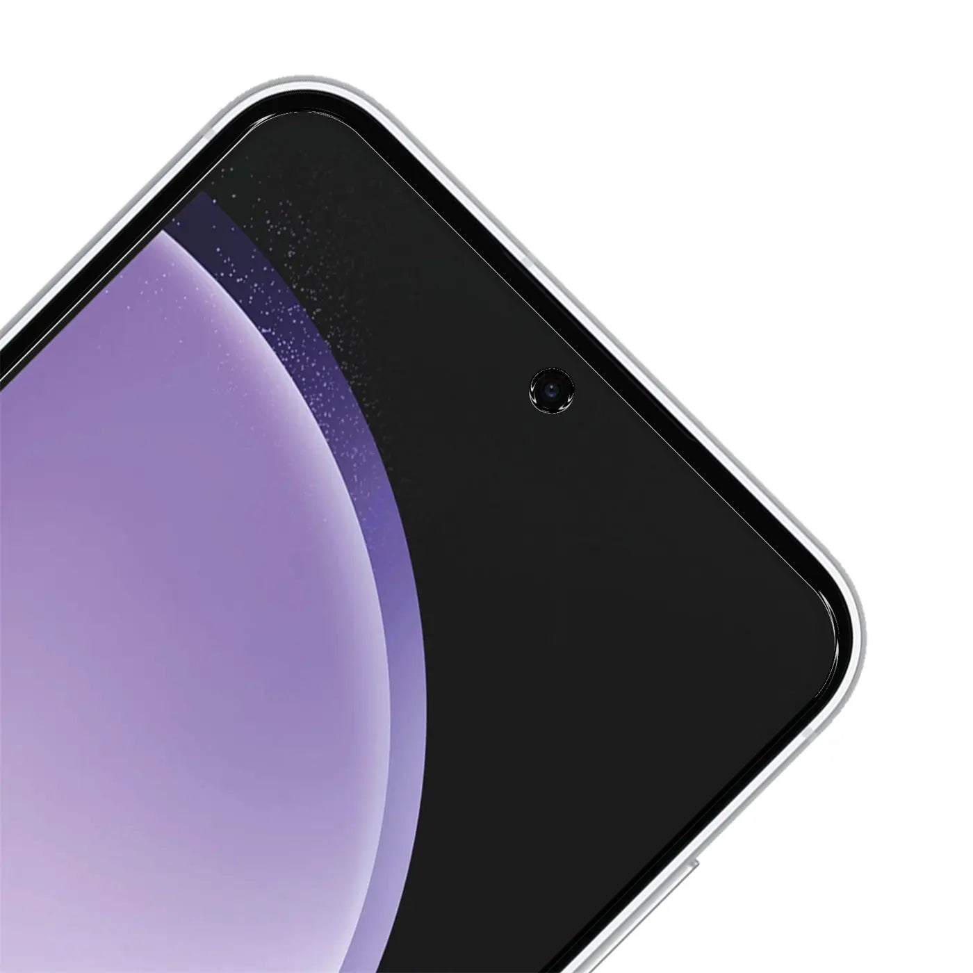 Nahaufnahme der oberen rechten Ecke eines Samsung Galaxy S23 FE mit klarem Panzerglas-Displayschutz.
