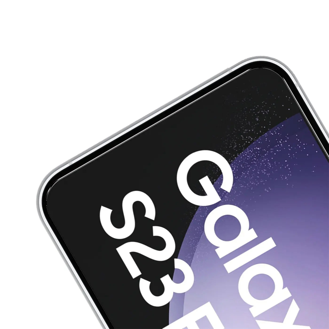 Nahaufnahme des oberen linken Bereichs eines Samsung Galaxy S23 FE Smartphones mit schwarzem Display und weißer Schrift.