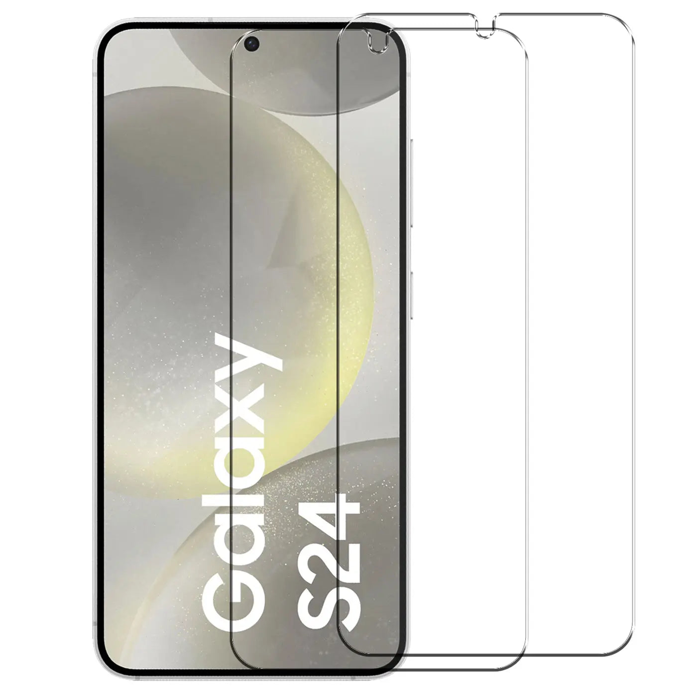 Zwei transparente Panzerglas-Displayschutzfolien für Samsung Galaxy S24, eine auf Display, eine daneben, schräg von oben.