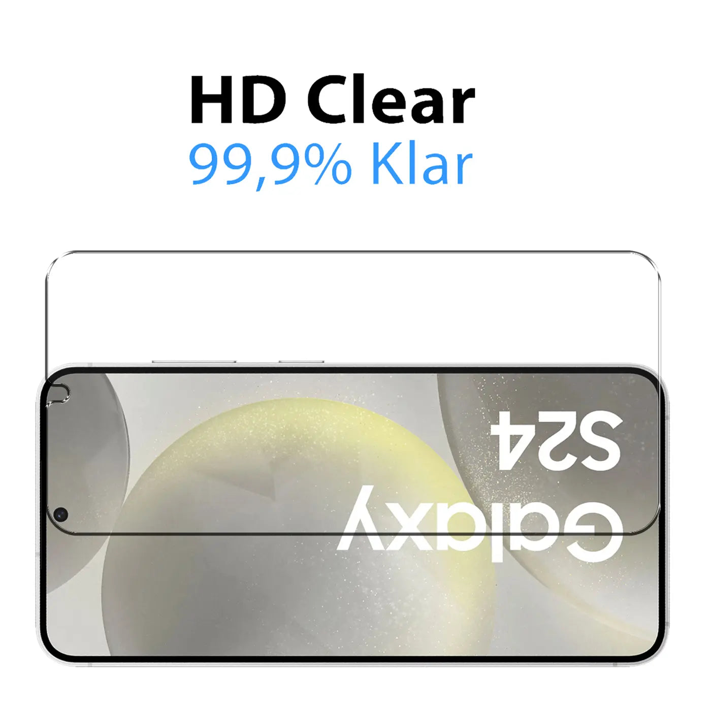 Zwei transparente Panzerglas-Displayschutzfolien für Samsung Galaxy S24, eine auf dem Gerät, eine dahinter.