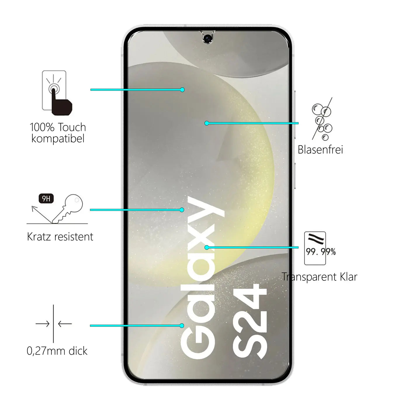 Frontansicht eines weißen Samsung Galaxy S24 mit transparentem Panzerglas, das Produktmerkmale hervorhebt.