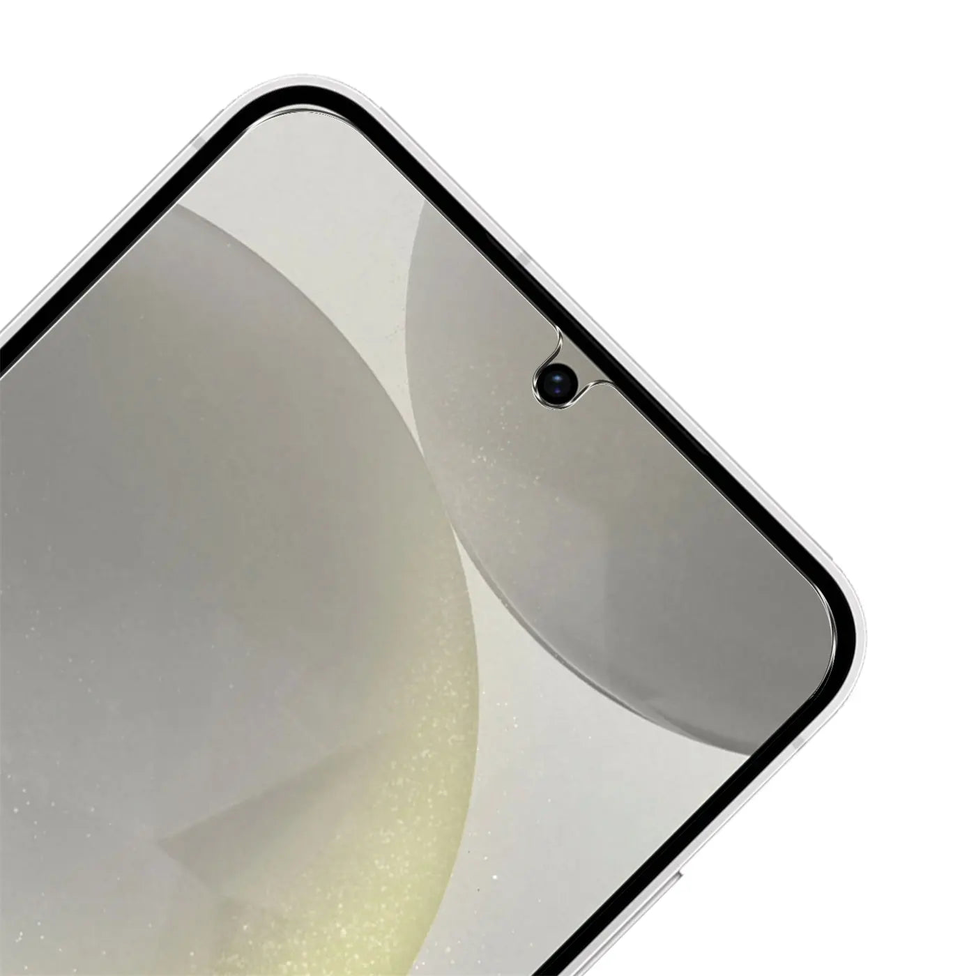 Nahaufnahme des oberen rechten Bereichs eines Samsung Galaxy S24 mit transparentem Panzerglas-Displayschutz.