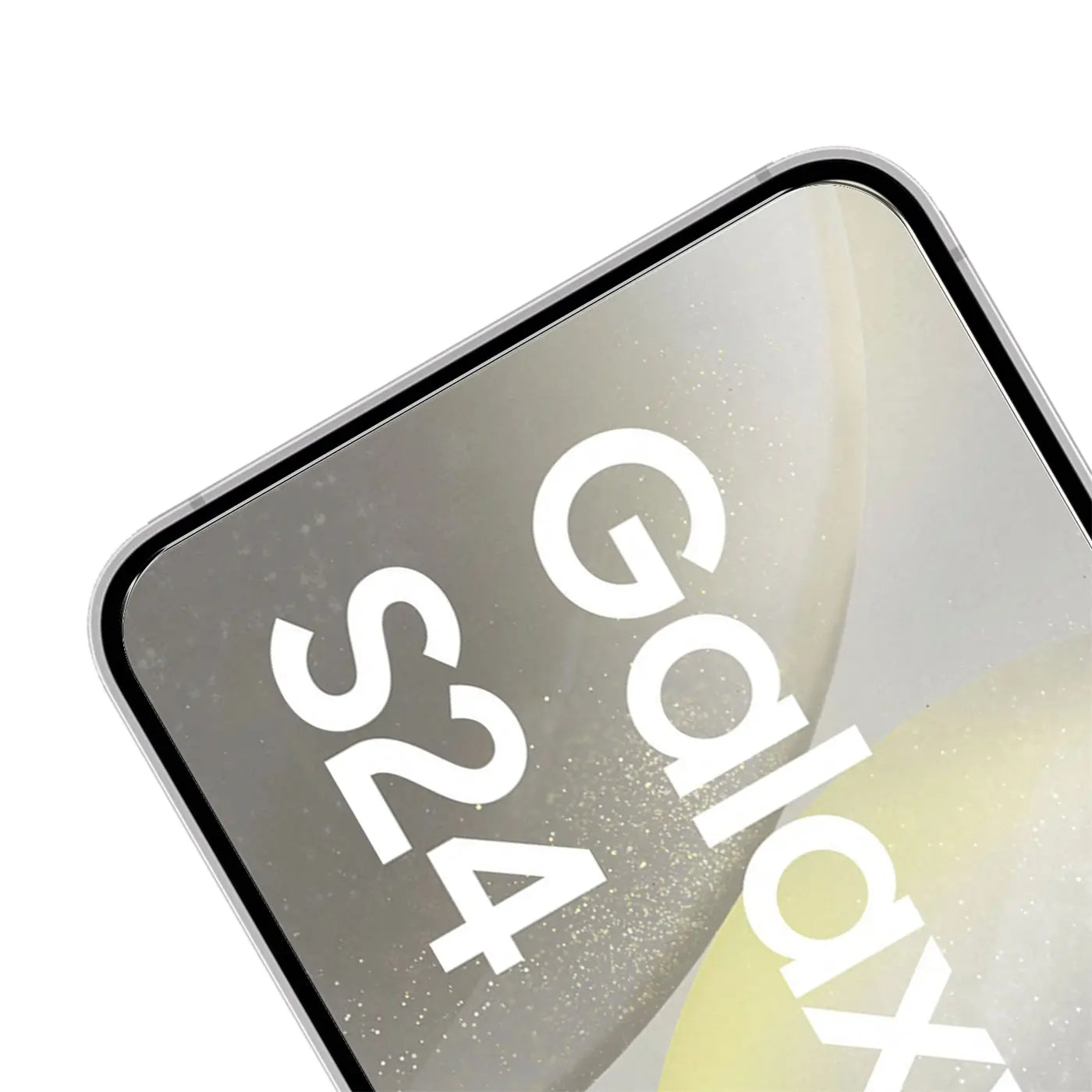 Nahaufnahme des oberen linken Bereichs eines Samsung Galaxy S24 Displays mit Panzerglas. "Galaxy S24" ist weiß zu sehen.