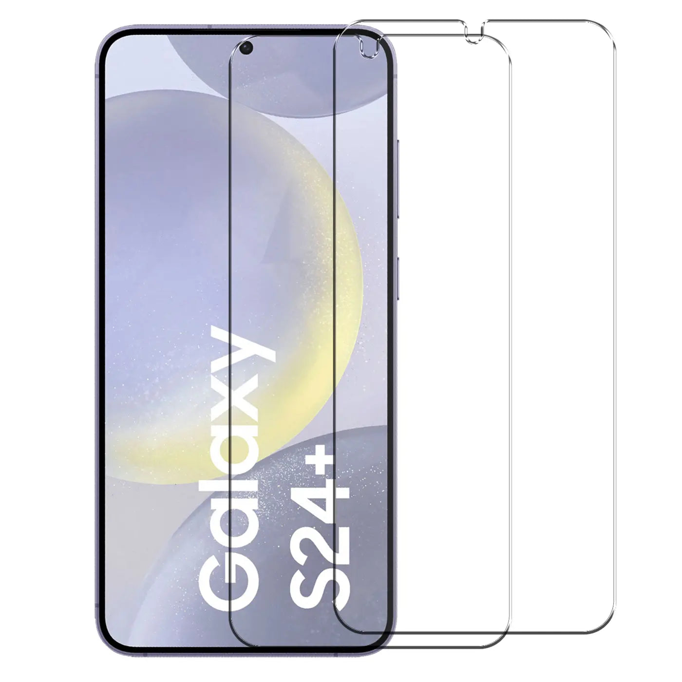 Samsung Galaxy S24 Plus mit 2 transparenten Panzerglas-Displayschutzfolien, schräg von oben rechts.