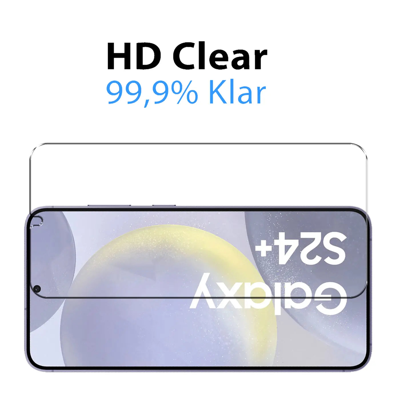 Zwei transparente Panzerglas-Displayschutzfolien für Samsung Galaxy S24 Plus, von vorne auf weißem Hintergrund.