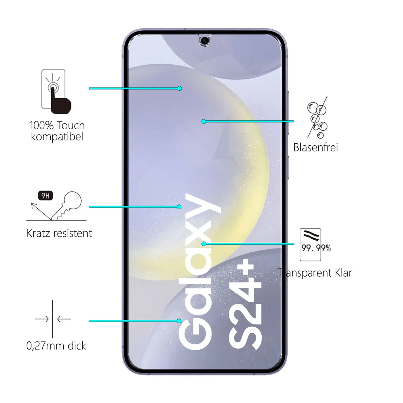 Vorderansicht eines Samsung Galaxy S24 Plus mit Panzerglas-Displayschutz. Merkmale wie 9H Härte, 0,27mm Dicke sind.