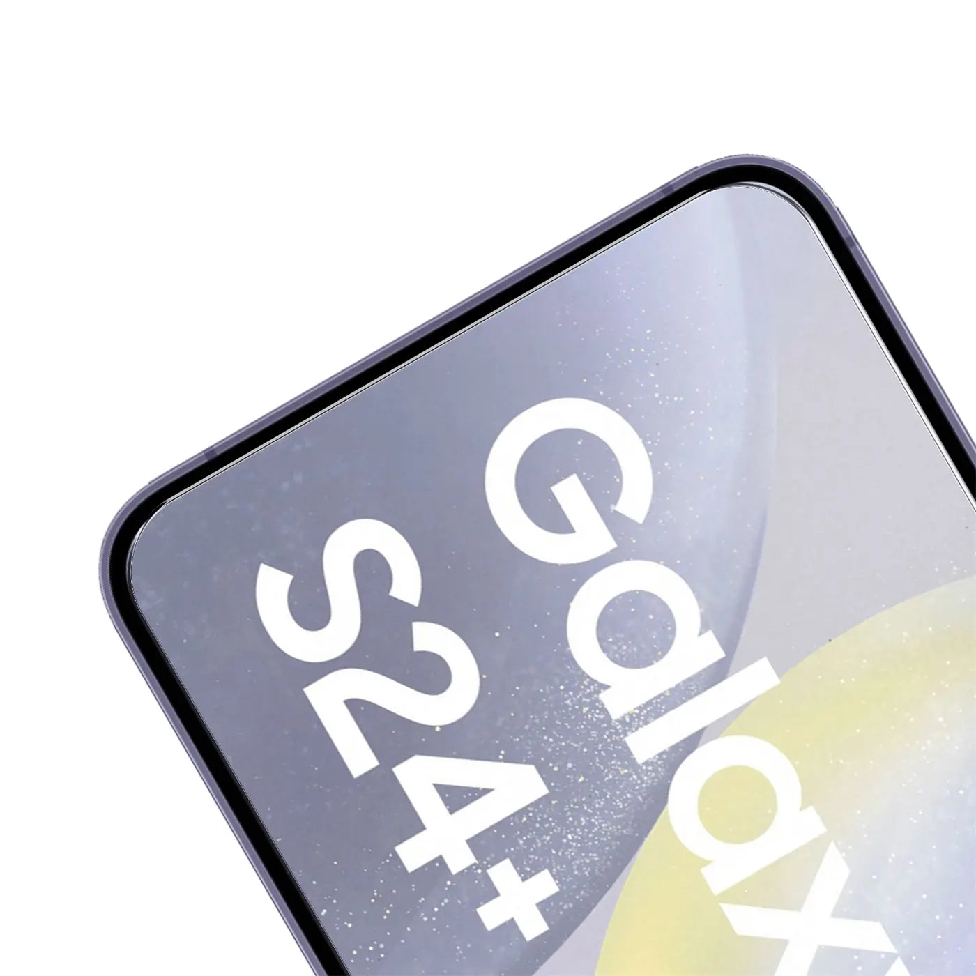 Nahaufnahme des oberen rechten Bereichs eines Samsung Galaxy S24 Plus Displays mit "Galaxy S24+" Schriftzug.