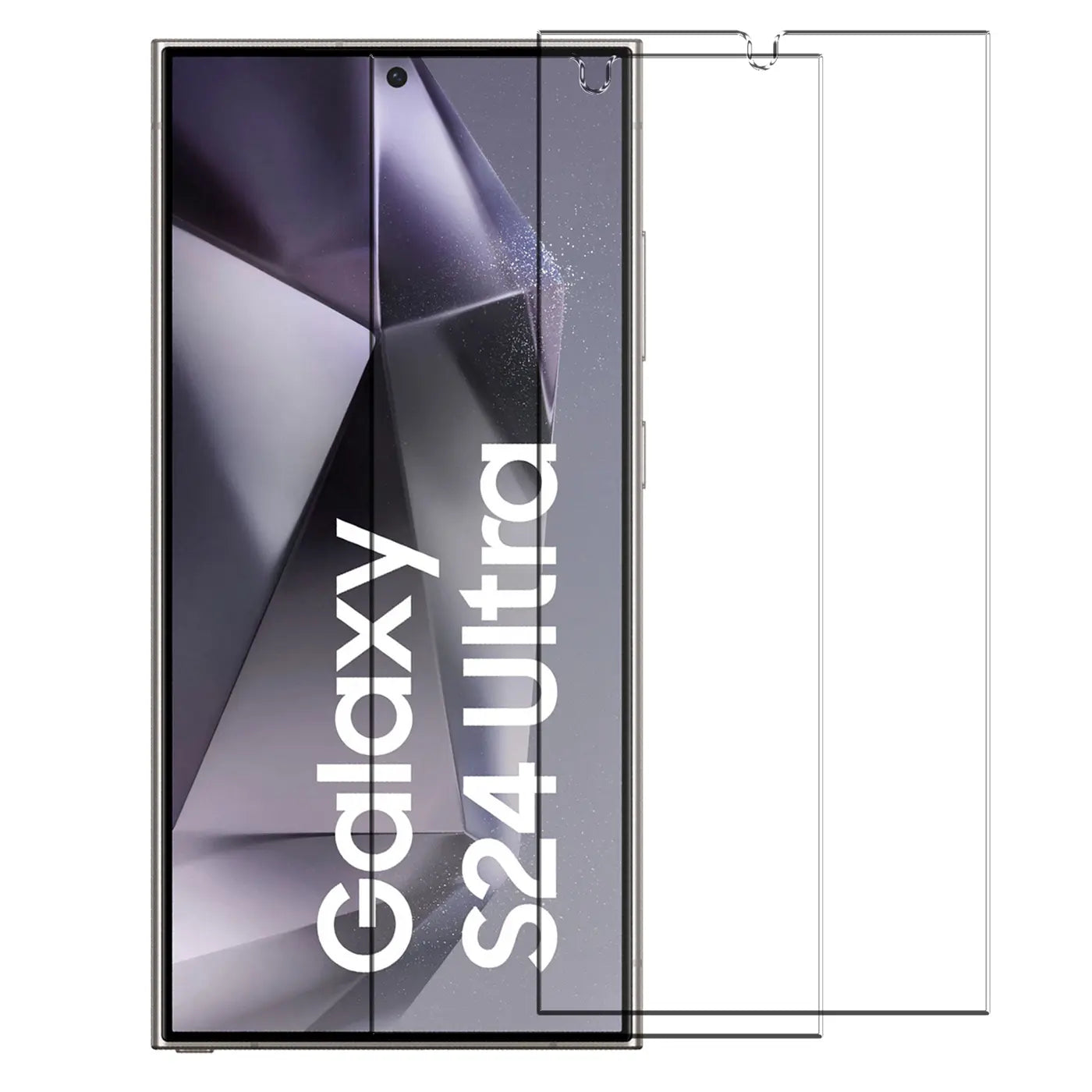 Silbernes Samsung Galaxy S24 Ultra von vorne mit zwei transparenten Panzerglas-Displayschutzfolien daneben.