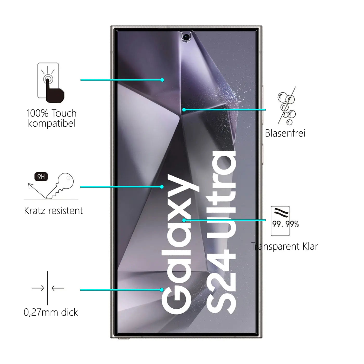 Frontansicht eines Samsung Galaxy S24 Ultra mit transparentem Panzerglas-Displayschutz und Feature-Pfeilen.