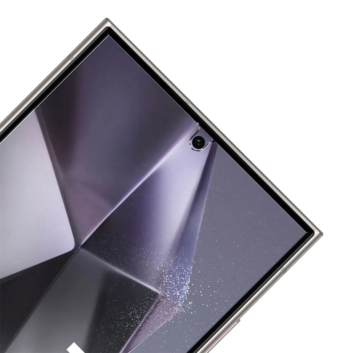 Nahaufnahme des oberen rechten Bereichs eines Samsung Galaxy S24 Ultra mit schwarzem Panzerglas-Displayschutz.
