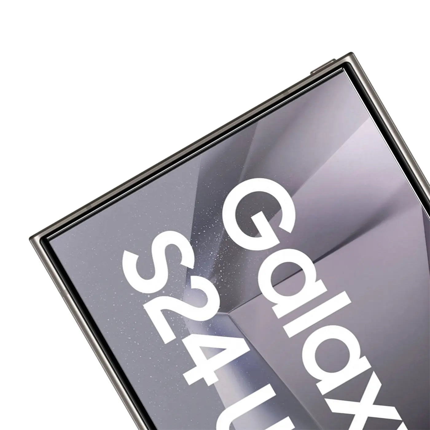 Nahaufnahme des oberen rechten Bereichs eines Samsung Galaxy S24 Ultra mit "Galaxy S24 Ultra" auf dem Display.
