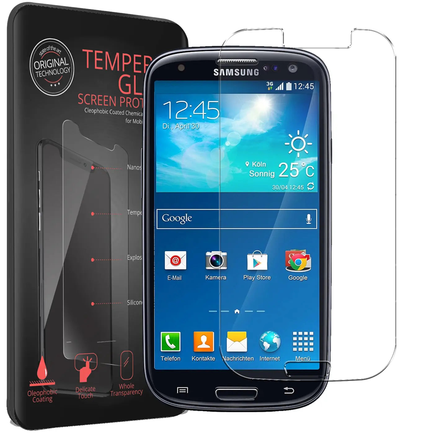 Schwarzes Samsung Galaxy S3/S3 Neo von vorne mit Displayfolie und schwarzer Verpackung des Panzerglases.