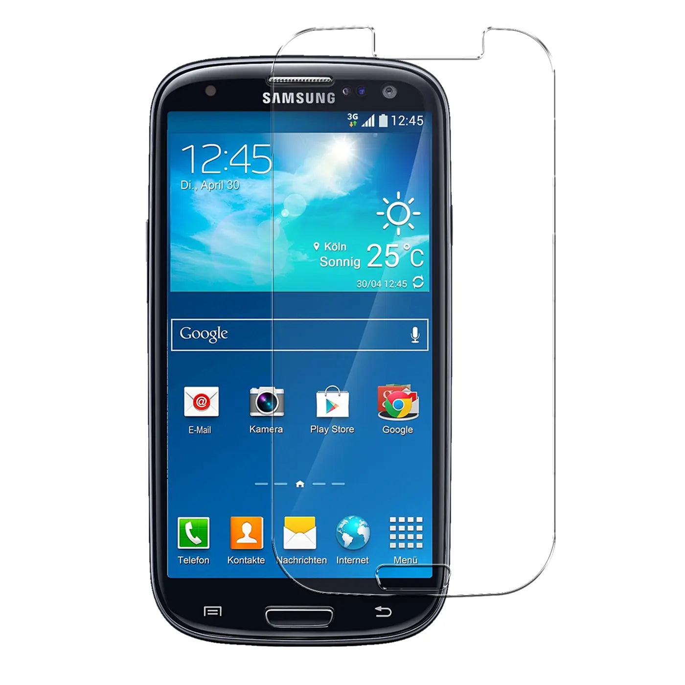 Schwarzes Samsung Galaxy S3/S3 Neo Smartphone von vorne mit transparentem Panzerglas Displayschutz.